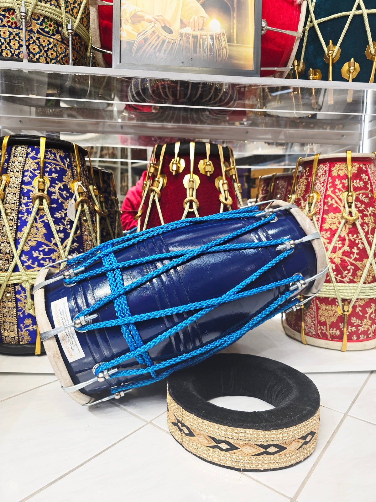 Samudra Viraaj™ Pro Dholak — Blue-Lacquered Red Sheesham | Exceptional Tone, Cosmetic Blemishes