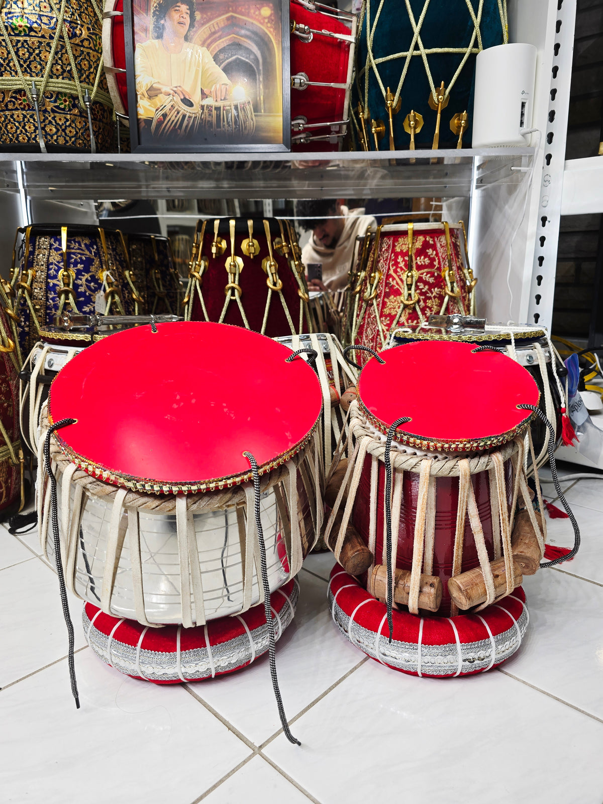 RangSaadhana™ Pro Mohd. Sharif Tabla Set — 5.75″ D♯ / E Red-Painted Dayan + 9.25″ Brass Bayan (3.5 kg) *Very Minor Cosmetic Blemishes
