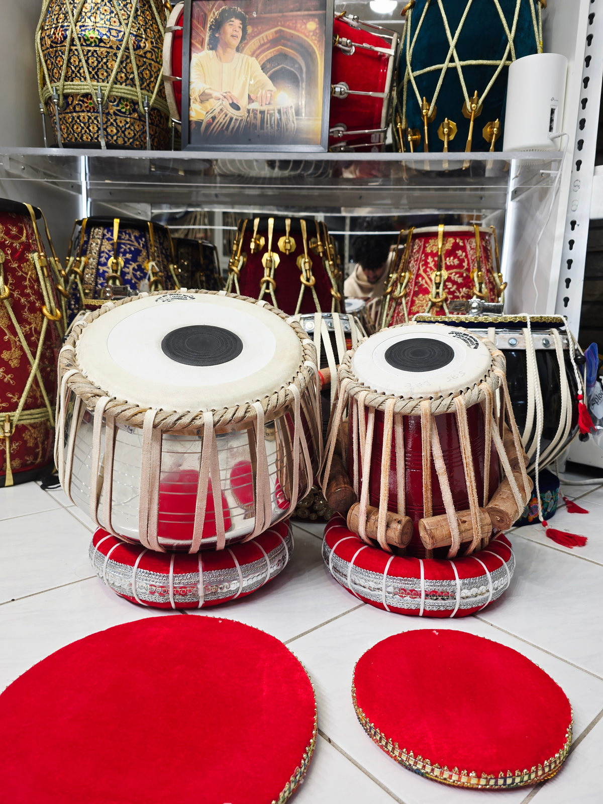 RangSaadhana™ Pro Mohd. Sharif Tabla Set — 5.75″ D♯ / E Red-Painted Dayan + 9.25″ Brass Bayan (3.5 kg) *Very Minor Cosmetic Blemishes