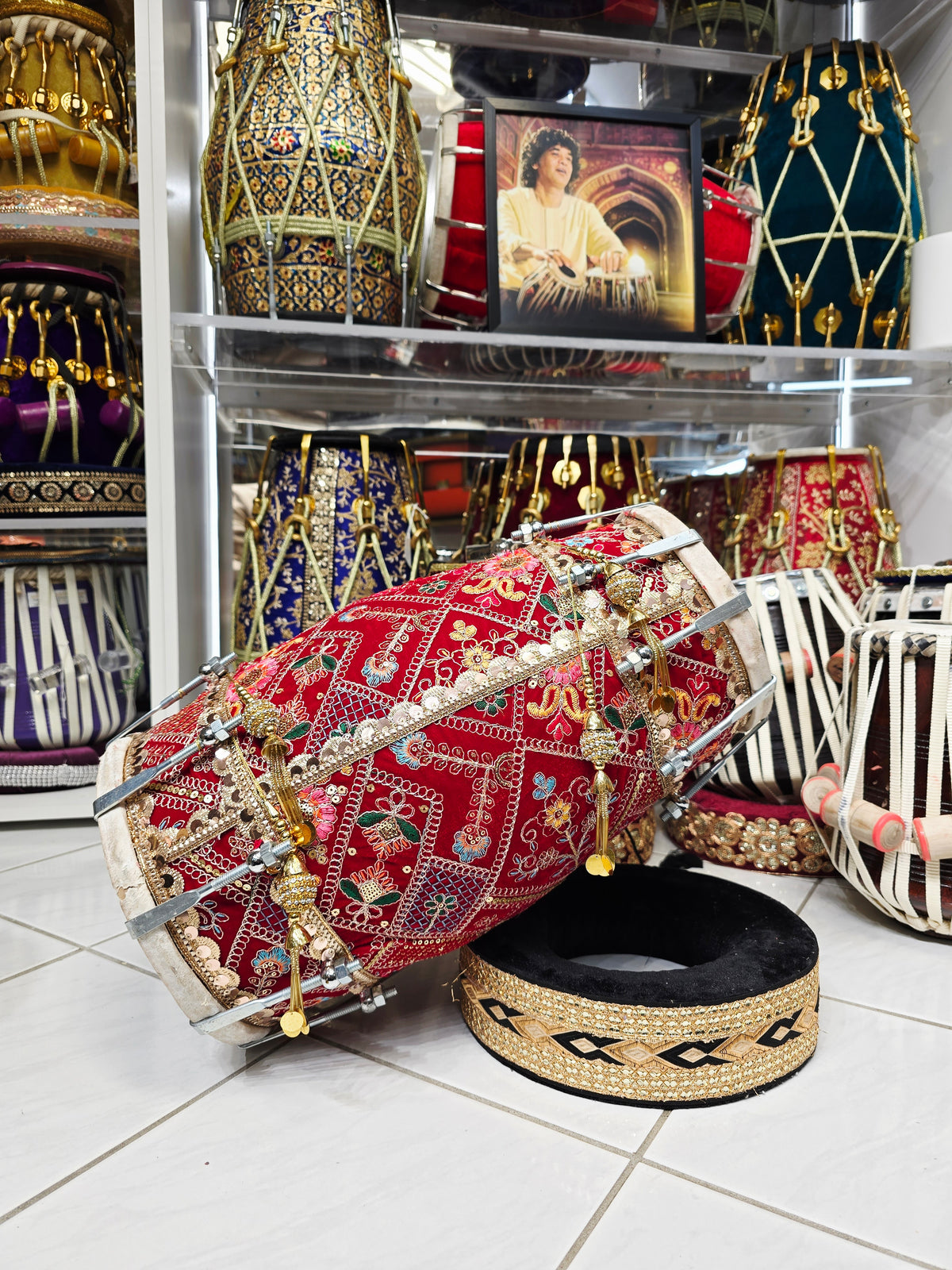 HaldiHunar™ Mehendi Night Dholak — Mango Wood | Hand-Embroidered Festive Wrap