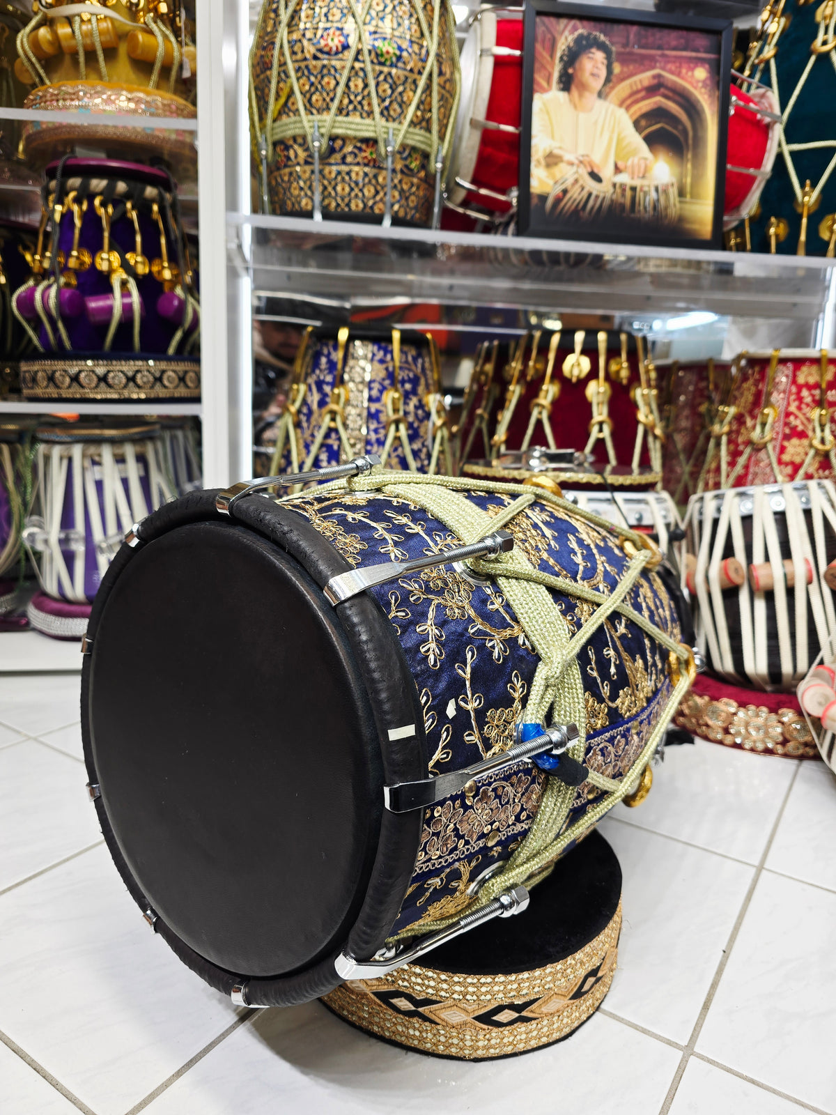 NeelZari Noora™ Premium Sherwani-Wrapped Dholak — 17 lb Red Sheesham | Blue & Gold | Exceptional Tone