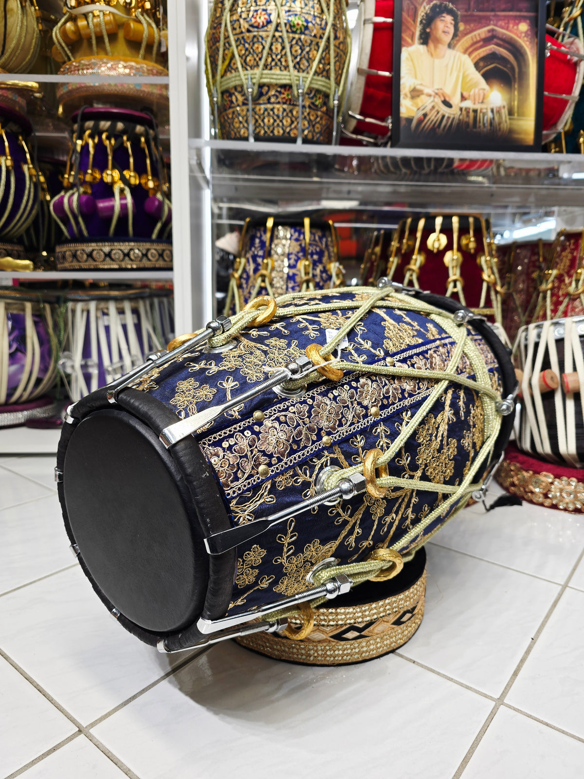 NeelZari Noora™ Premium Sherwani-Wrapped Dholak — 17 lb Red Sheesham | Blue & Gold | Exceptional Tone