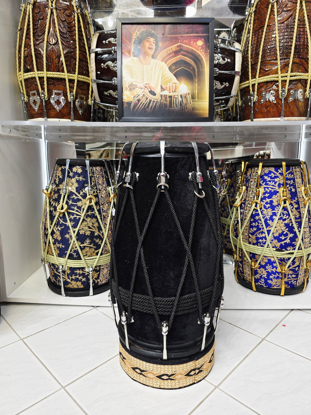 BLACKOUT — Red Sheesham Velvet-Wrapped Dholak with Chrome Bolts (Black Skin Dye Rubs Off)