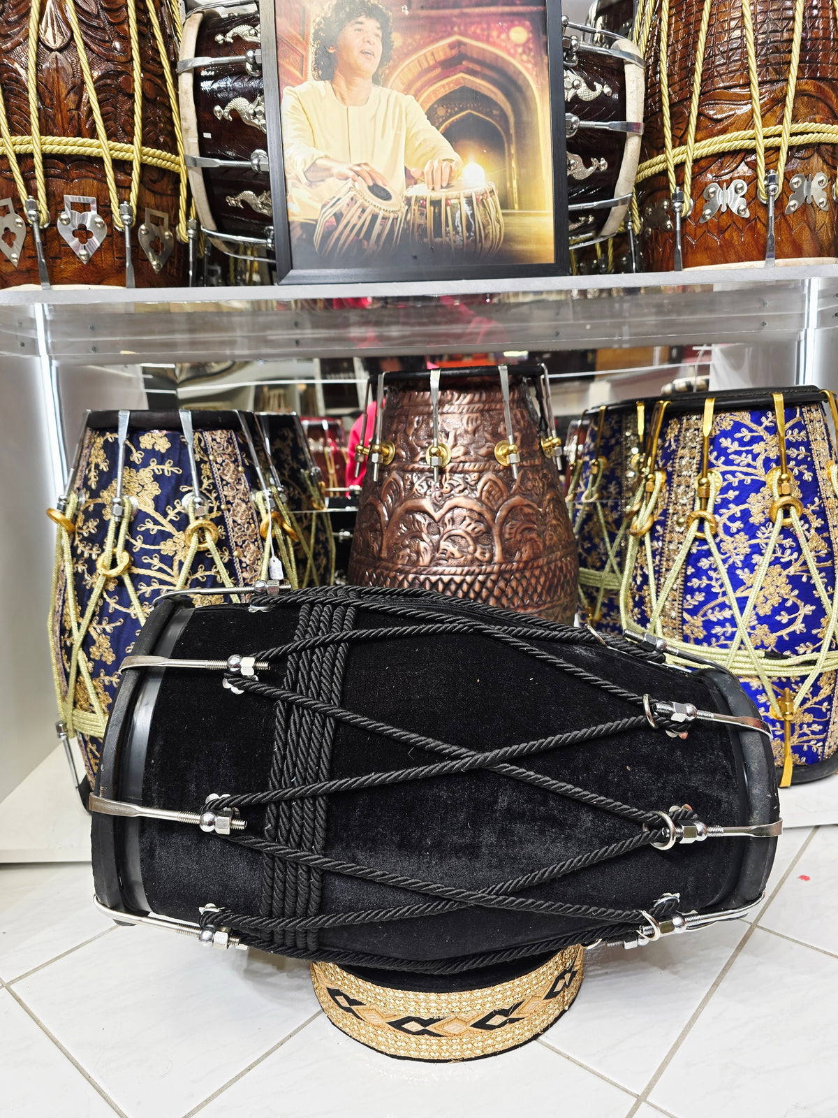 BLACKOUT — Red Sheesham Velvet-Wrapped Dholak with Chrome Bolts (Black Skin Dye Rubs Off)