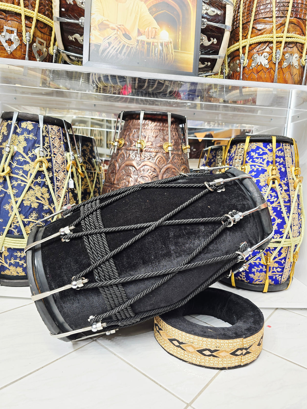 BLACKOUT — Red Sheesham Velvet-Wrapped Dholak with Chrome Bolts (Black Skin Dye Rubs Off)