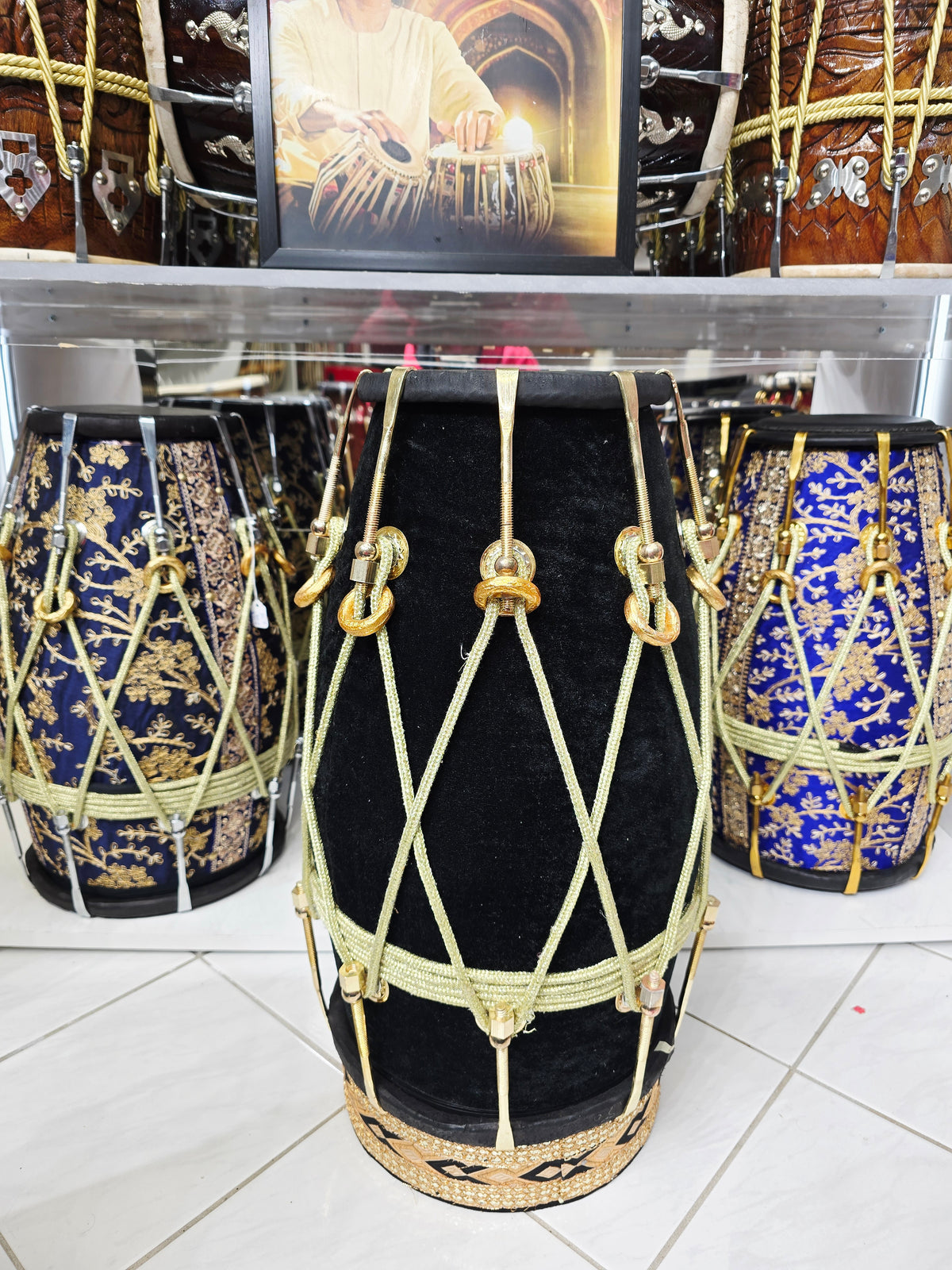 ONYX VEIL — Red Sheesham Black Velvet-Wrapped Dholak with Brass Bolts (Exceptional Tone)
