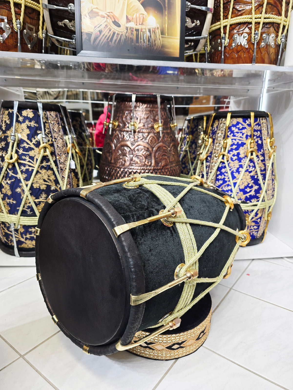 ONYX VEIL — Red Sheesham Black Velvet-Wrapped Dholak with Brass Bolts (Exceptional Tone)