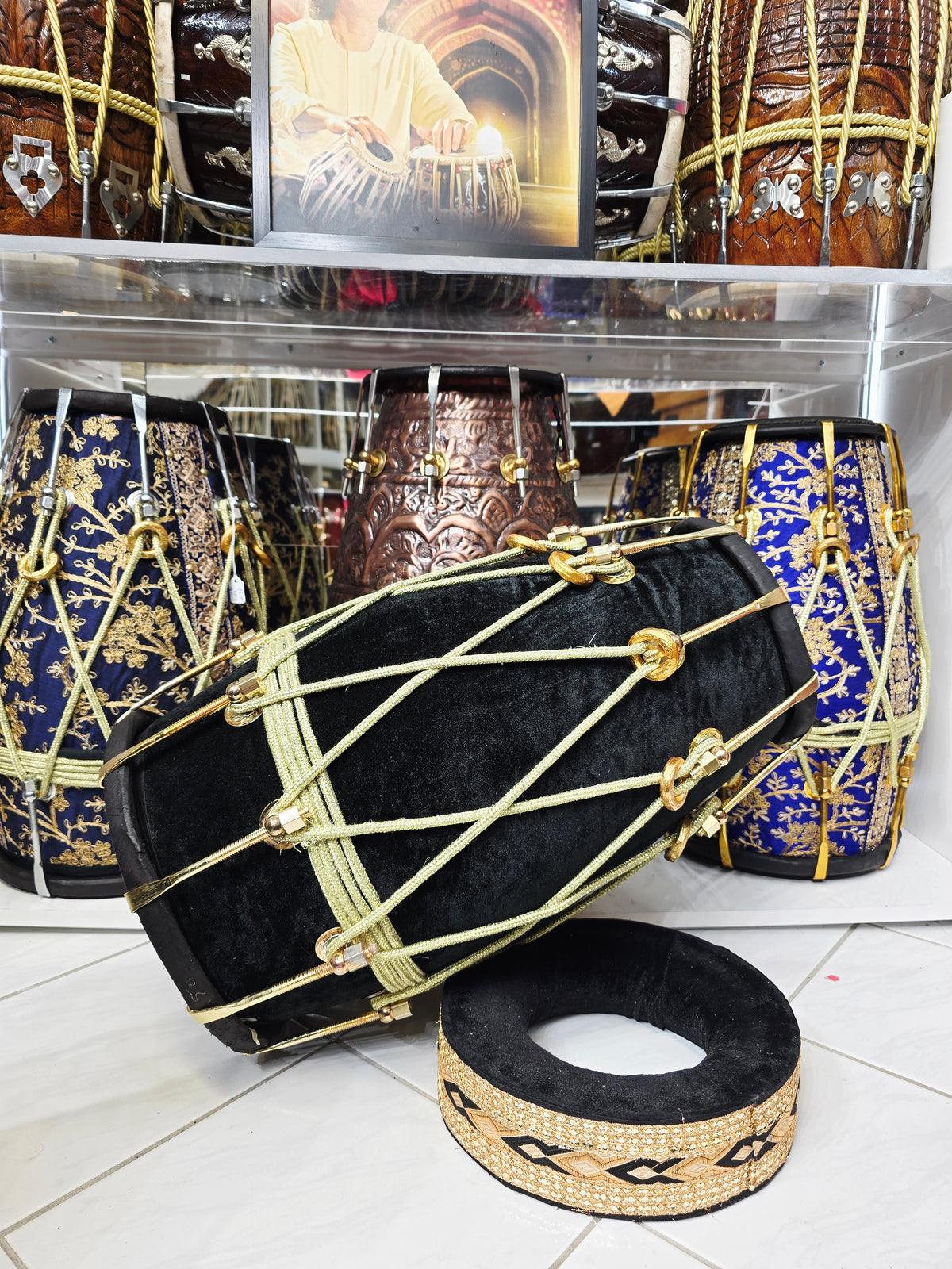ONYX VEIL — Red Sheesham Black Velvet-Wrapped Dholak with Brass Bolts (Exceptional Tone)