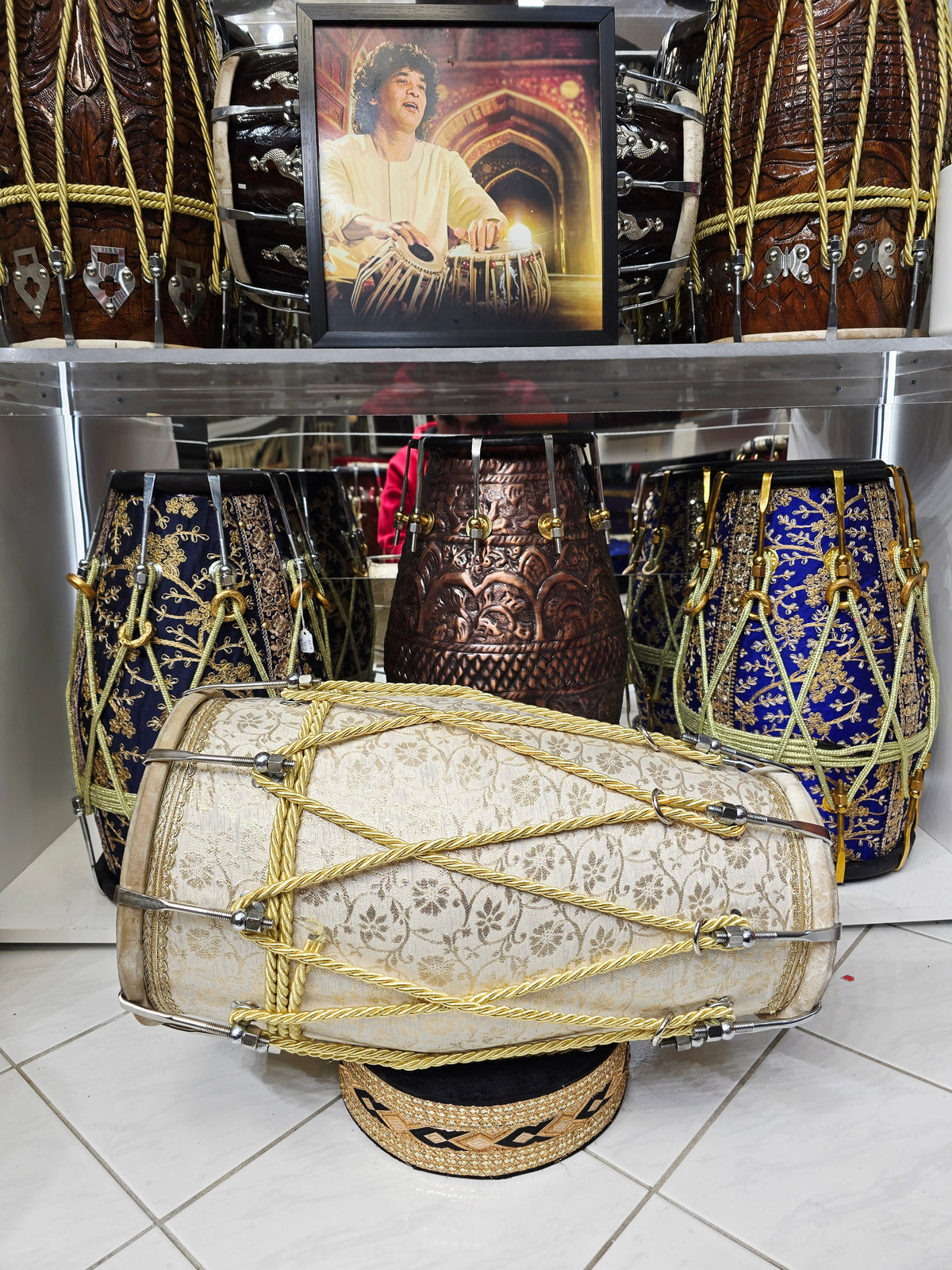 IVORY REGALIA — Cream & Gold Sherwani-Wrapped Dholak with Chrome Bolts