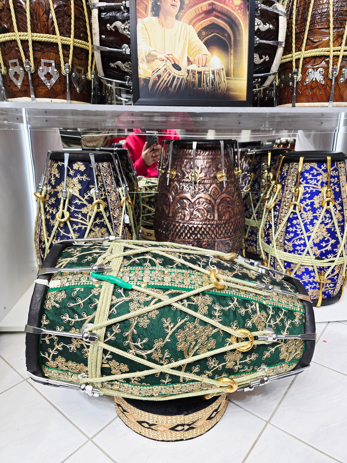 EMERALD COMMAND — Red Sheesham Dholak with Green Sherwani Wrap, Chrome Bolts & Black Skins