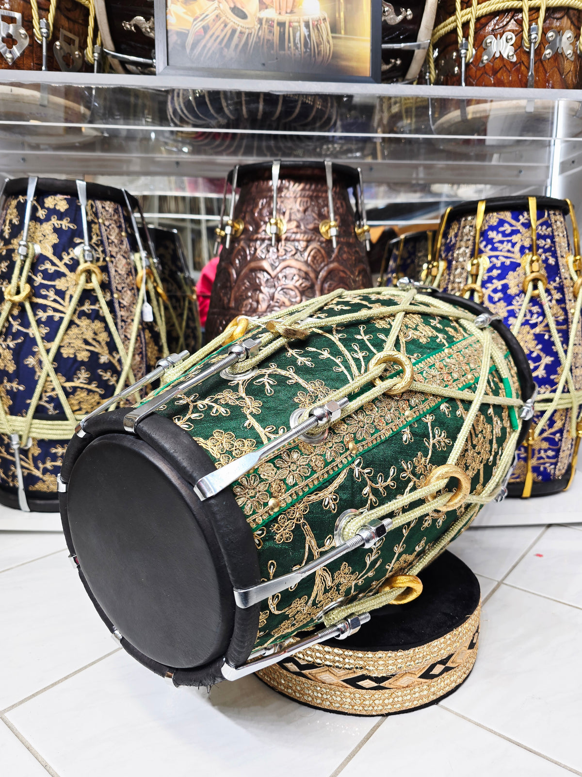 EMERALD COMMAND — Red Sheesham Dholak with Green Sherwani Wrap, Chrome Bolts & Black Skins