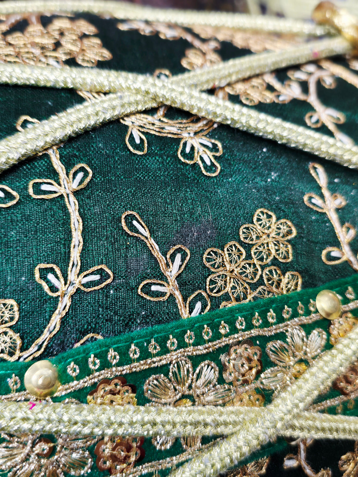 EMERALD COMMAND — Red Sheesham Dholak with Green Sherwani Wrap, Chrome Bolts & Black Skins