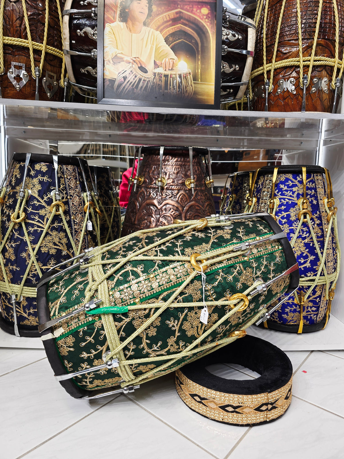 EMERALD COMMAND — Red Sheesham Dholak with Green Sherwani Wrap, Chrome Bolts & Black Skins