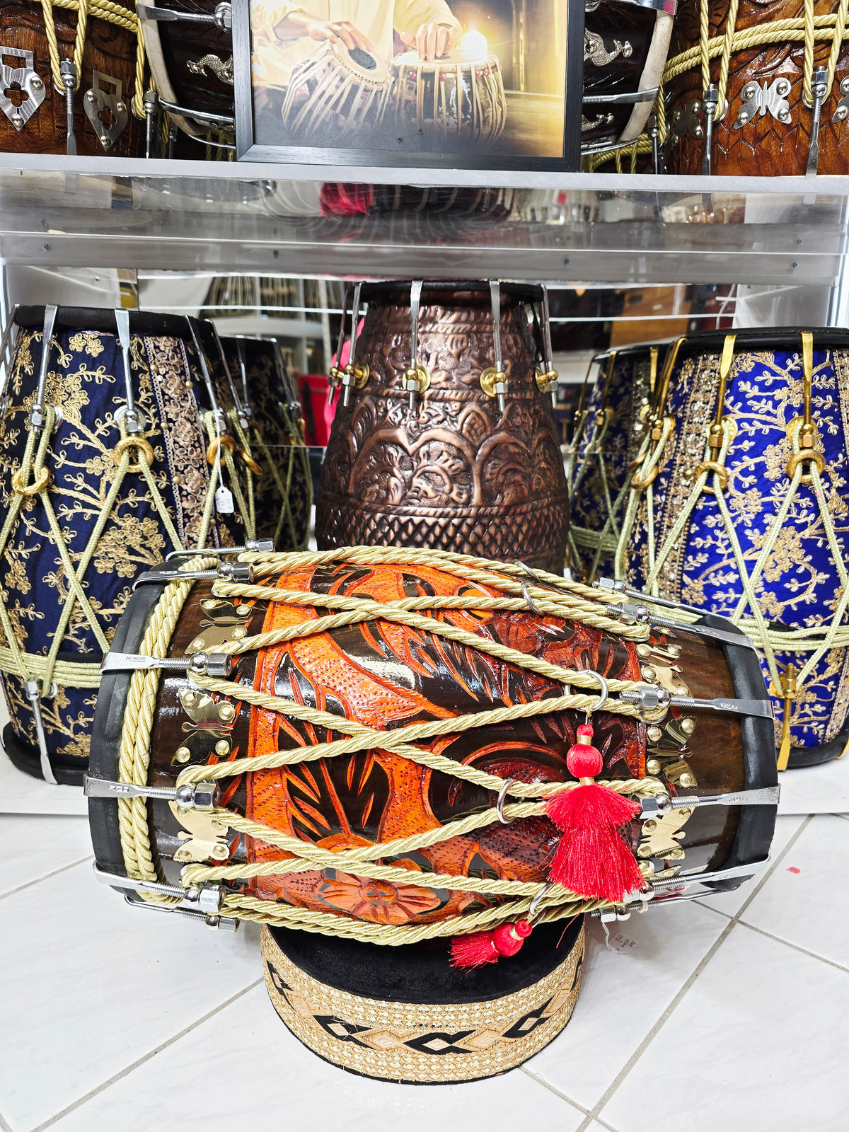EMBERLINE — 17.75″ Red Sheesham Dholak with Chrome Bolts & Black Skins