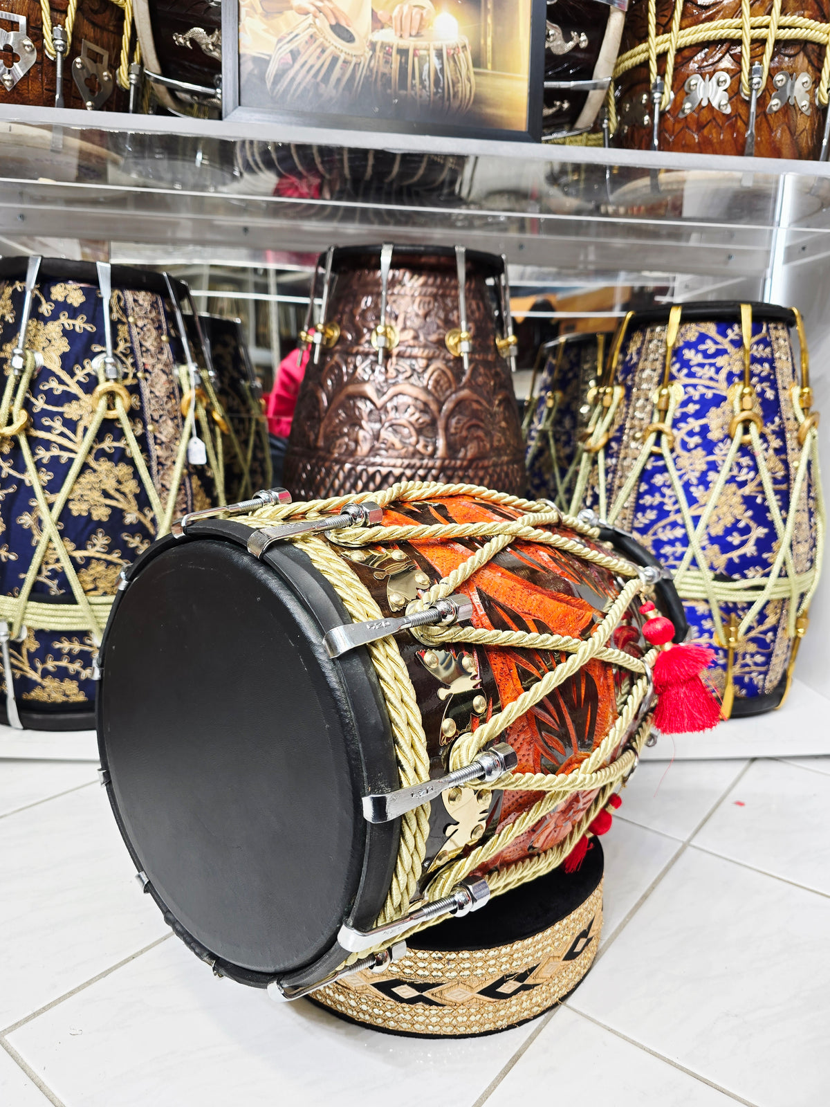 EMBERLINE — 17.75″ Red Sheesham Dholak with Chrome Bolts & Black Skins