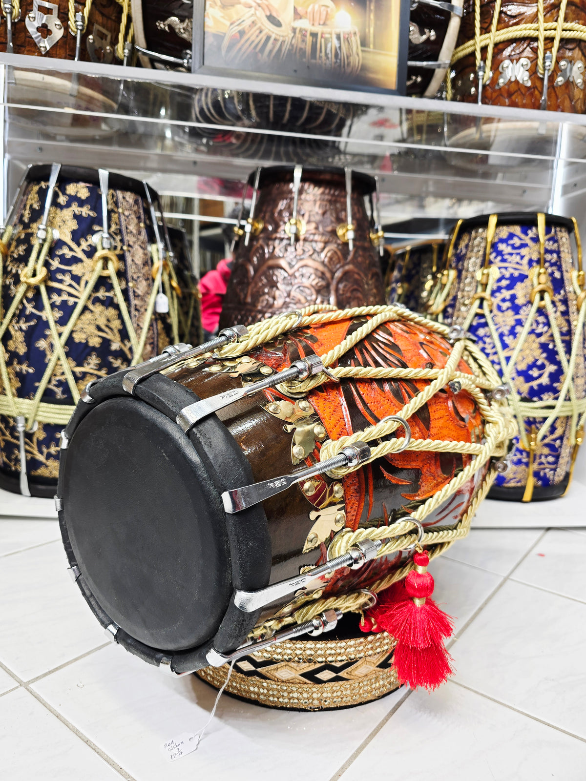 EMBERLINE — 17.75″ Red Sheesham Dholak with Chrome Bolts & Black Skins