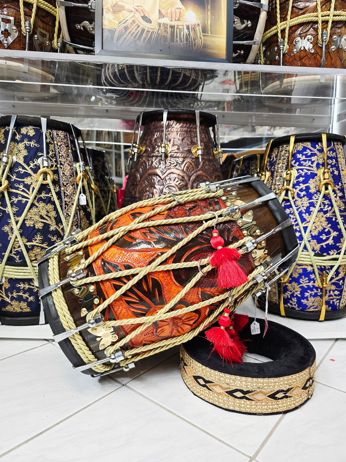 EMBERLINE — 17.75″ Red Sheesham Dholak with Chrome Bolts & Black Skins