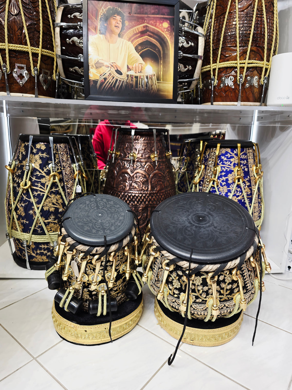 NOIR CROWN — 5.75″ C♯ Red Sheesham Dayan & 9″ Copper Bayan Tabla Set (Black & Gold Sherwani Wrapped · Bolted Set)