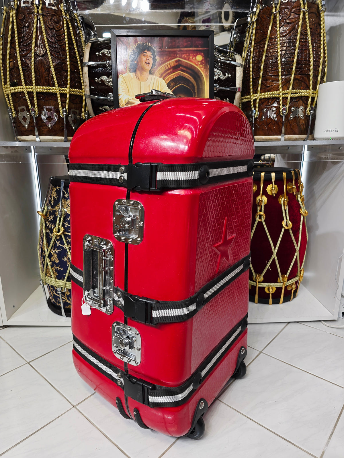 CRIMSON LUXE — Sparkly Gloss Red Hard-Shell Tabla Case · Black & White Exterior Straps · Dual Carry Handles · Fixed Wheels *Very Minor Cosmetic Blemishes (g)