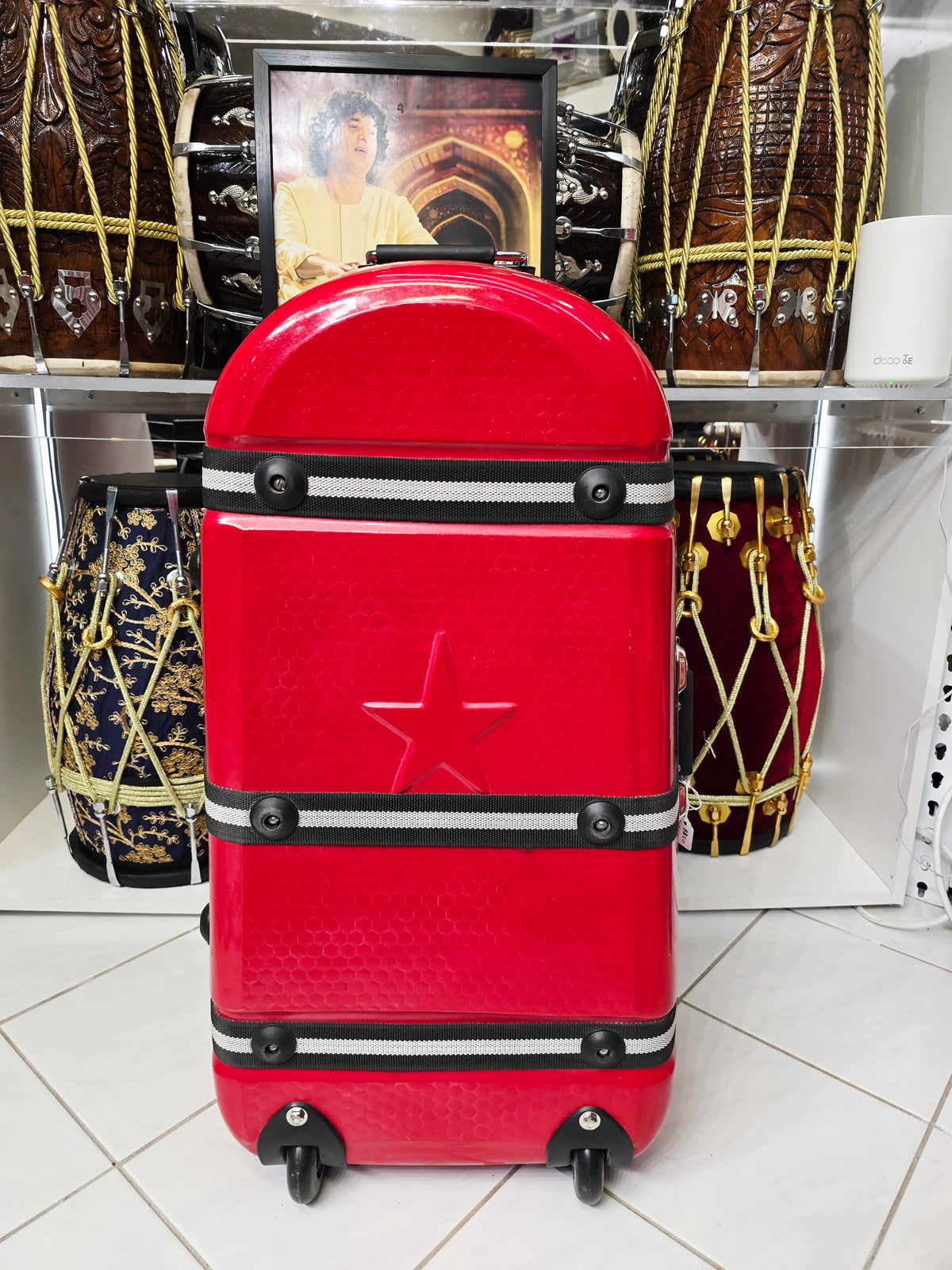 CRIMSON LUXE — Sparkly Gloss Red Hard-Shell Tabla Case · Black & White Exterior Straps · Dual Carry Handles · Fixed Wheels *Very Minor Cosmetic Blemishes (g)