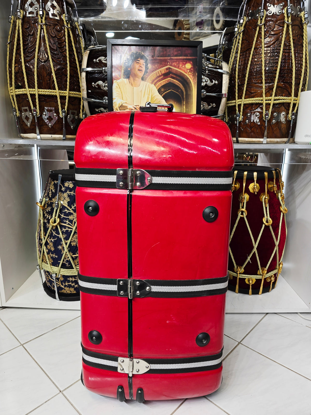 CRIMSON LUXE — Sparkly Gloss Red Hard-Shell Tabla Case · Black & White Exterior Straps · Dual Carry Handles · Fixed Wheels *Very Minor Cosmetic Blemishes (g)