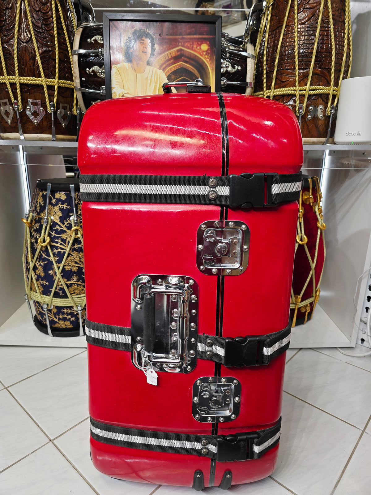 CRIMSON LUXE — Sparkly Gloss Red Hard-Shell Tabla Case · Black & White Exterior Straps · Dual Carry Handles · Fixed Wheels *Very Minor Cosmetic Blemishes (g)