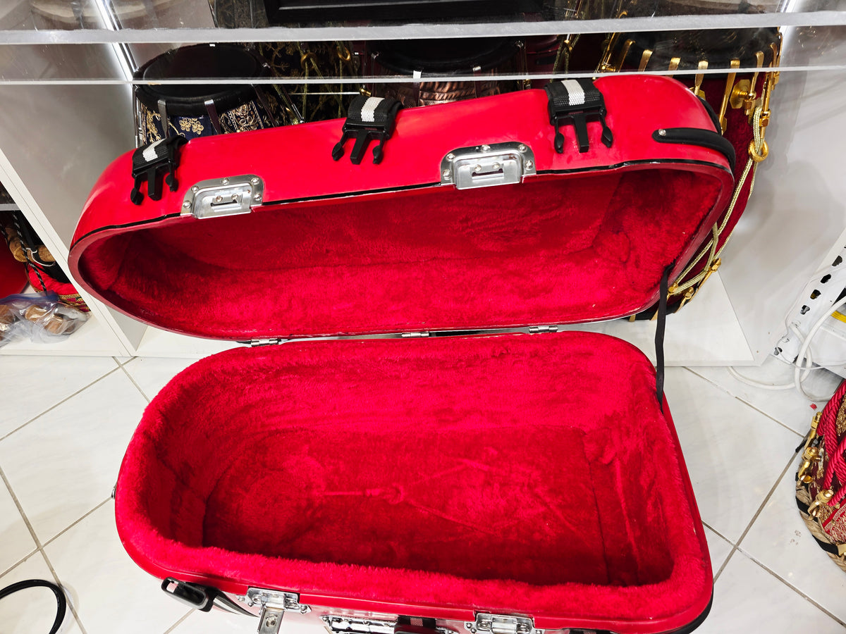 CRIMSON LUXE — Sparkly Gloss Red Hard-Shell Tabla Case · Black & White Exterior Straps · Dual Carry Handles · Fixed Wheels *Very Minor Cosmetic Blemishes (g)