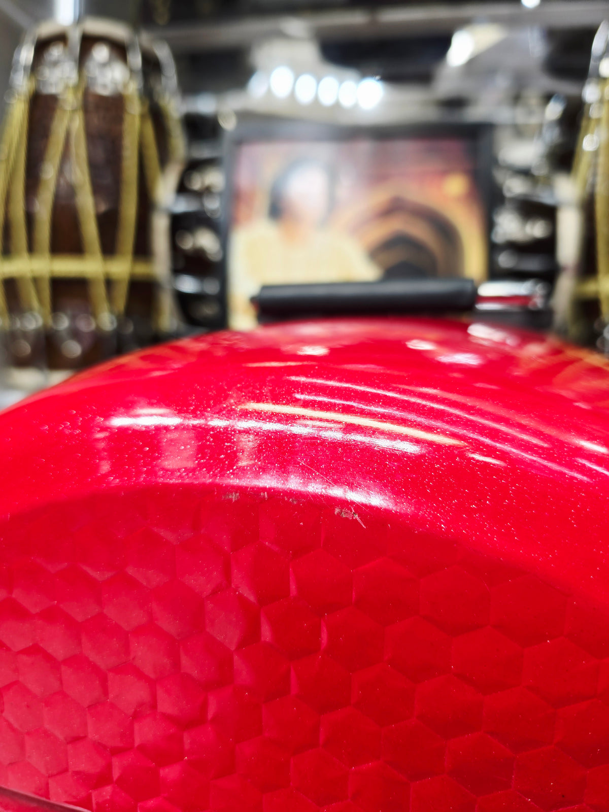 CRIMSON LUXE — Sparkly Gloss Red Hard-Shell Tabla Case · Black & White Exterior Straps · Dual Carry Handles · Fixed Wheels *Very Minor Cosmetic Blemishes (g)