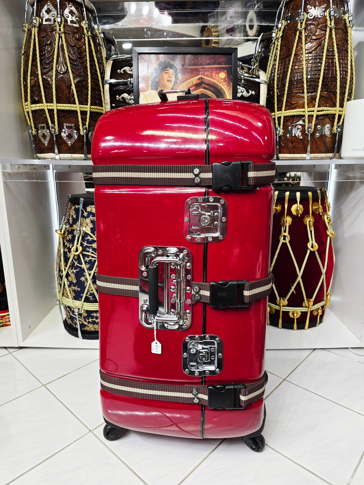 Redline Vault — Deep Red Tabla Hard Case · 360° Spinner Wheels · Dual Handles · Fixed Strap Bands · Very Minor Cosmetic Blemishes (g)