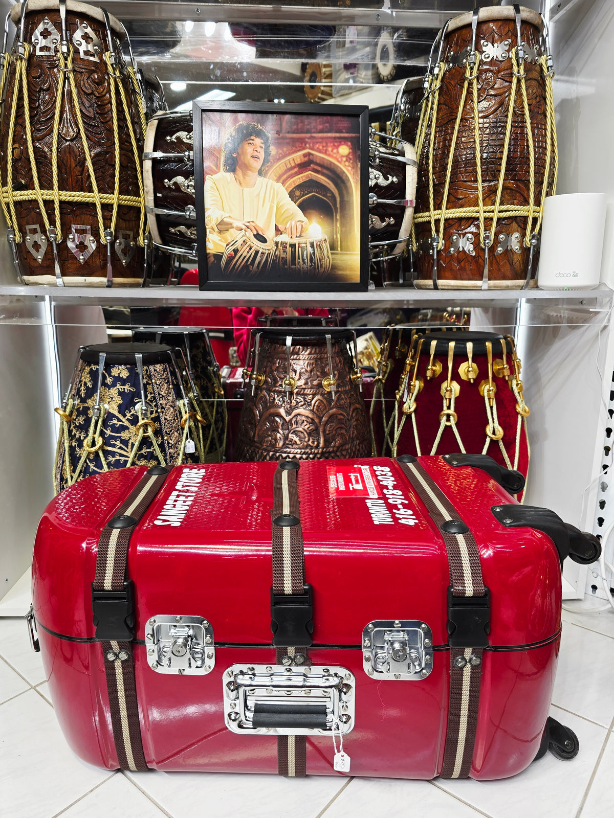 Redline Vault — Deep Red Tabla Hard Case · 360° Spinner Wheels · Dual Handles · Fixed Strap Bands · Very Minor Cosmetic Blemishes (g)