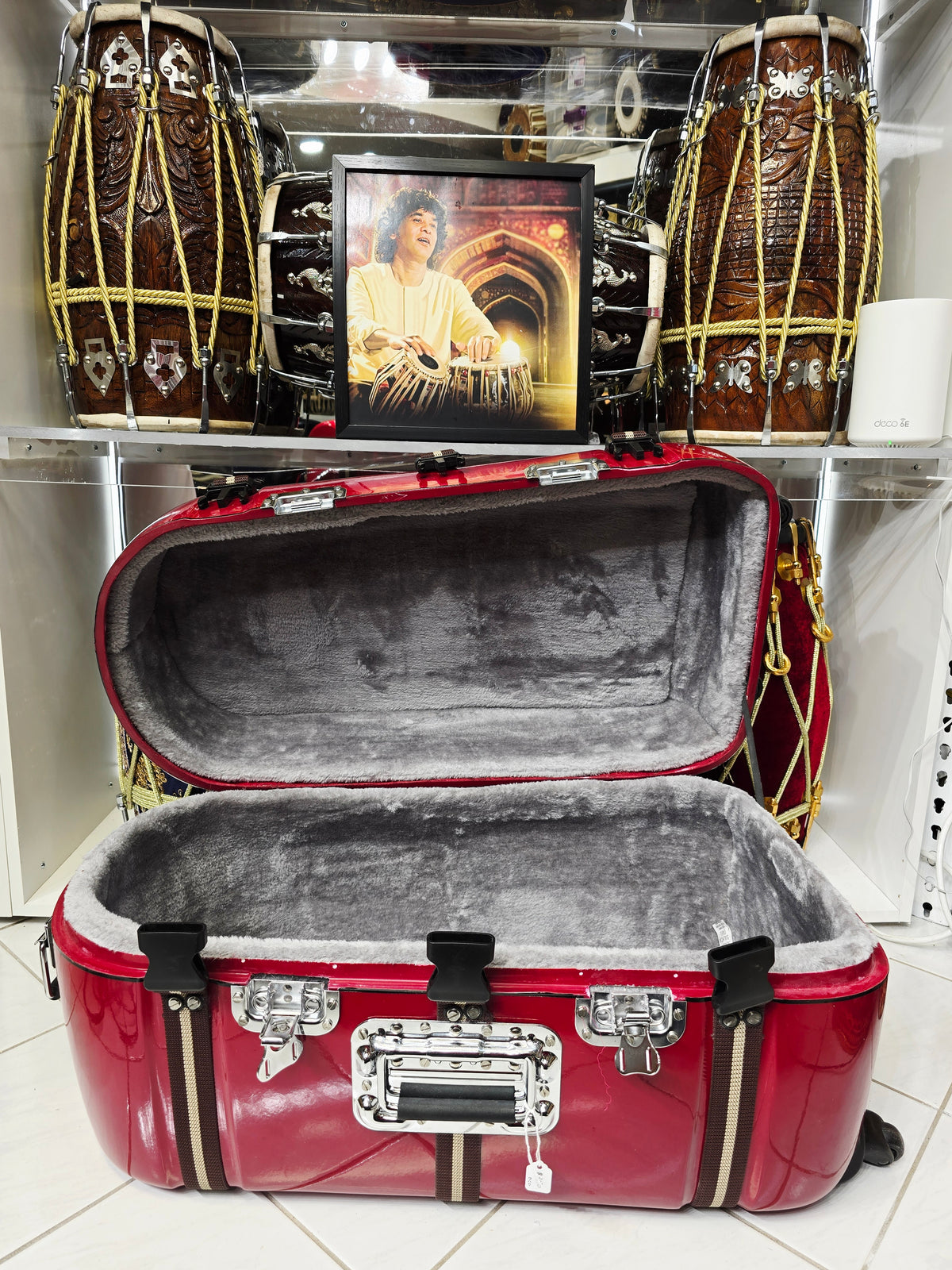 Redline Vault — Deep Red Tabla Hard Case · 360° Spinner Wheels · Dual Handles · Fixed Strap Bands · Very Minor Cosmetic Blemishes (g)