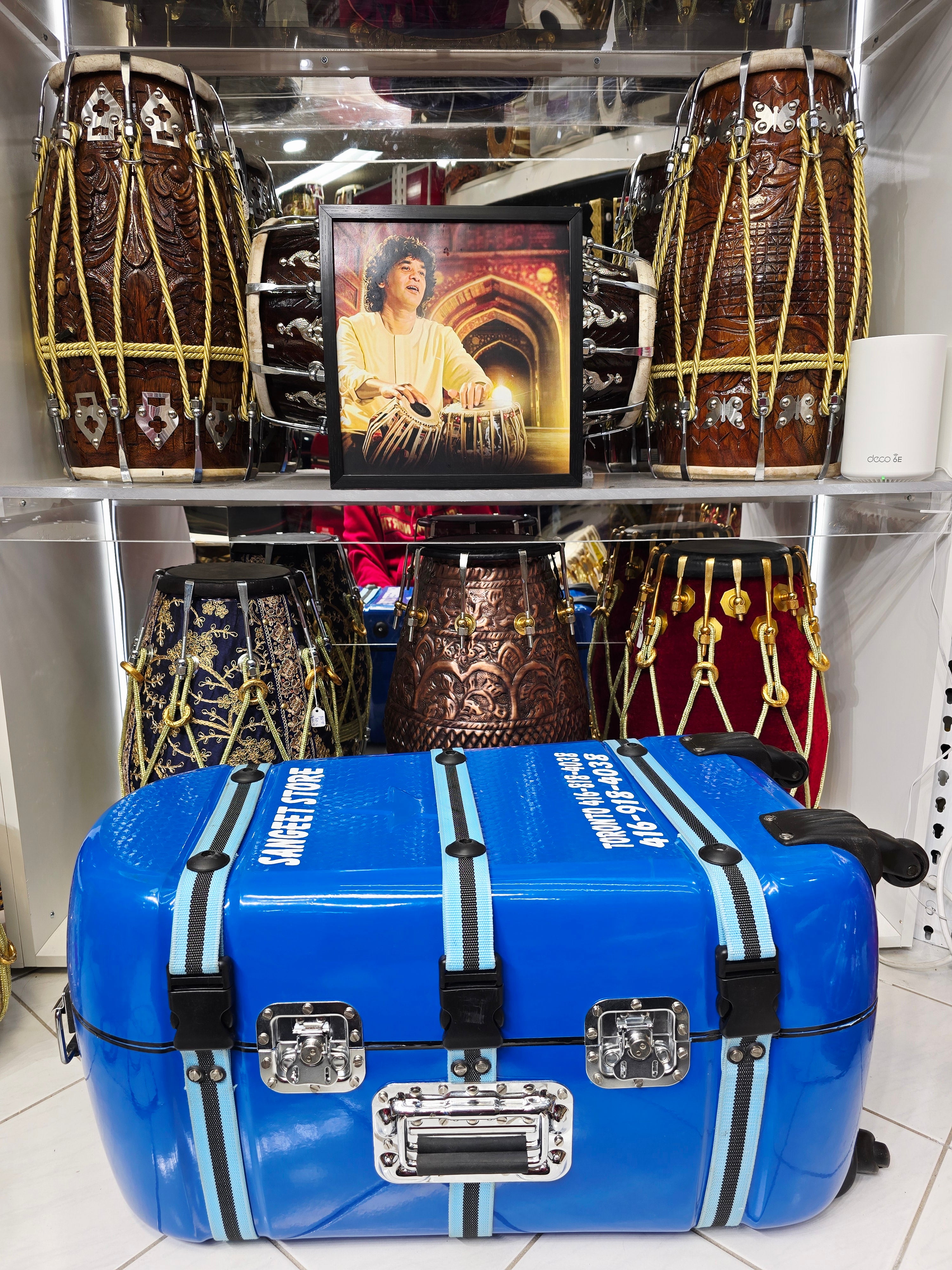 Azura Drift — Glossy Blue Tabla Travel Case · 360° Spinner Wheels