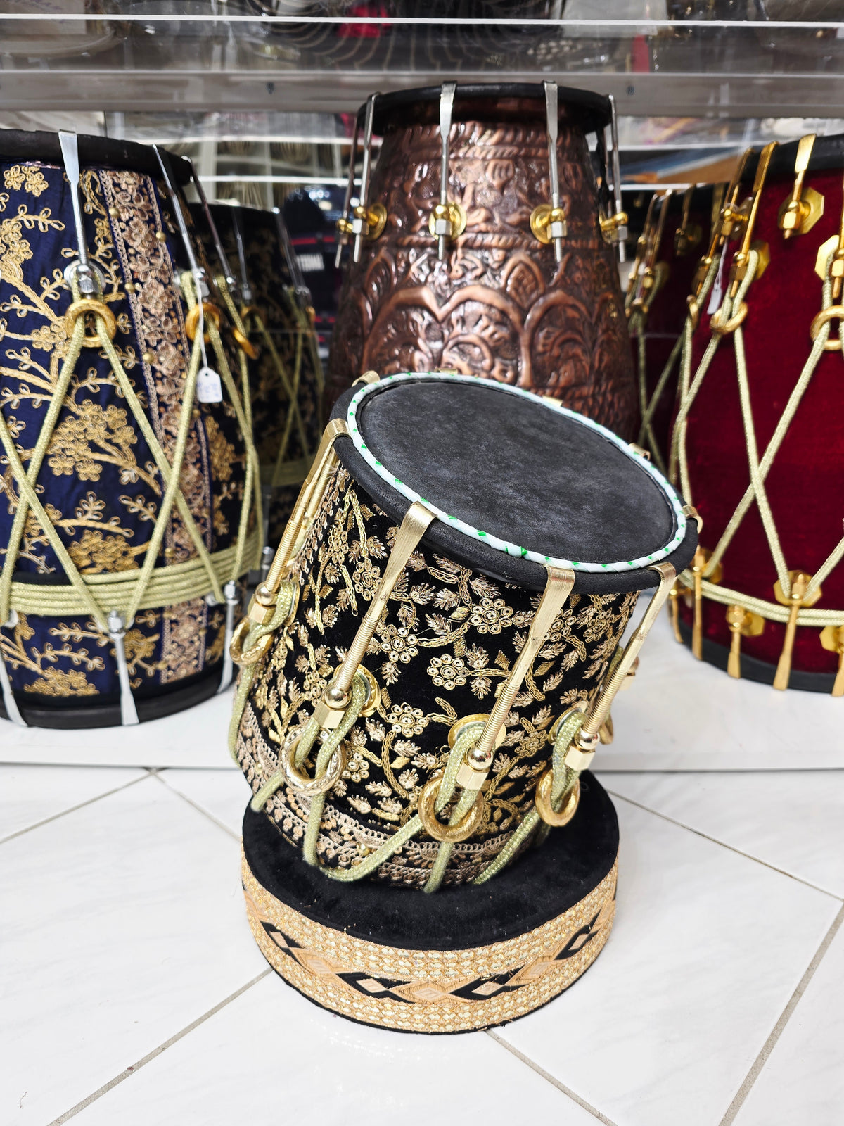 Royal Taal Black & Gold Sherwani Wrapped Red Sheesham Half Dholak – Pure Brass Bolts, Black Thin Rimmed Skin