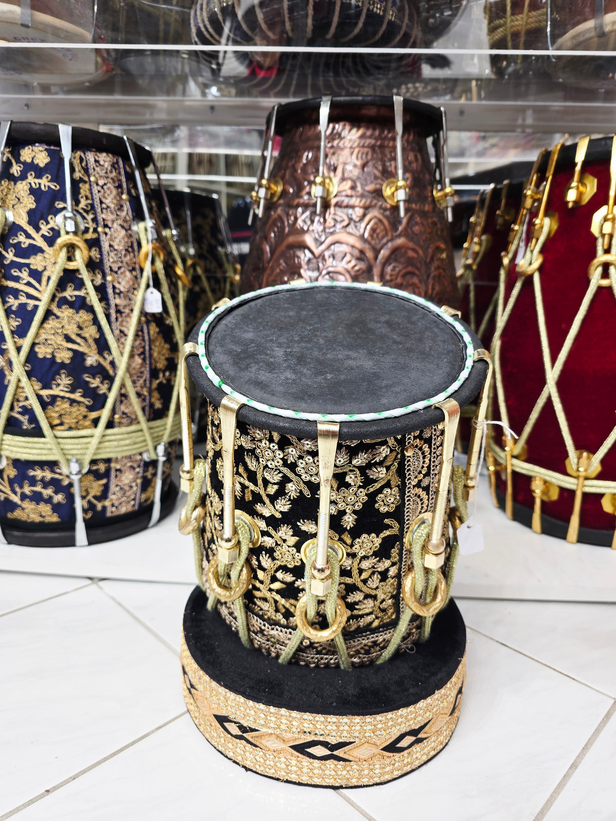 Royal Taal Black & Gold Sherwani Wrapped Red Sheesham Half Dholak – Pure Brass Bolts, Black Thin Rimmed Skin