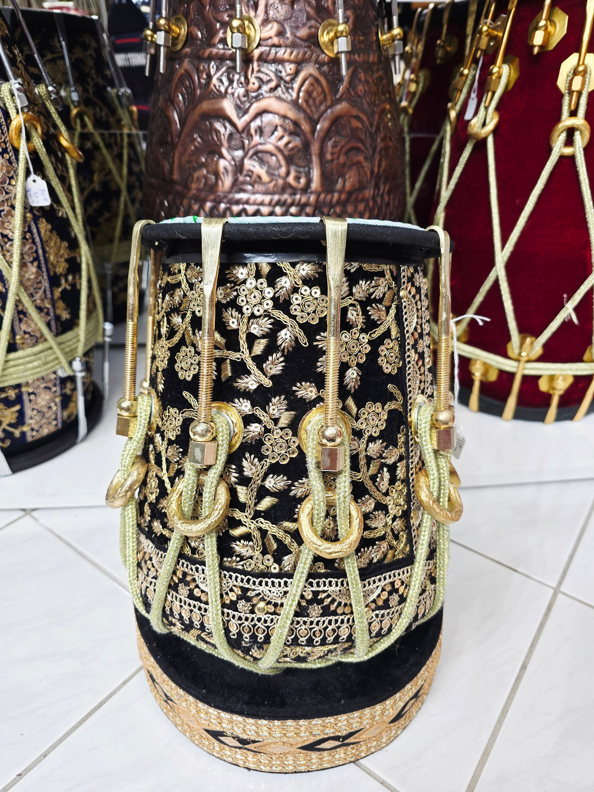 Royal Taal Black & Gold Sherwani Wrapped Red Sheesham Half Dholak – Pure Brass Bolts, Black Thin Rimmed Skin