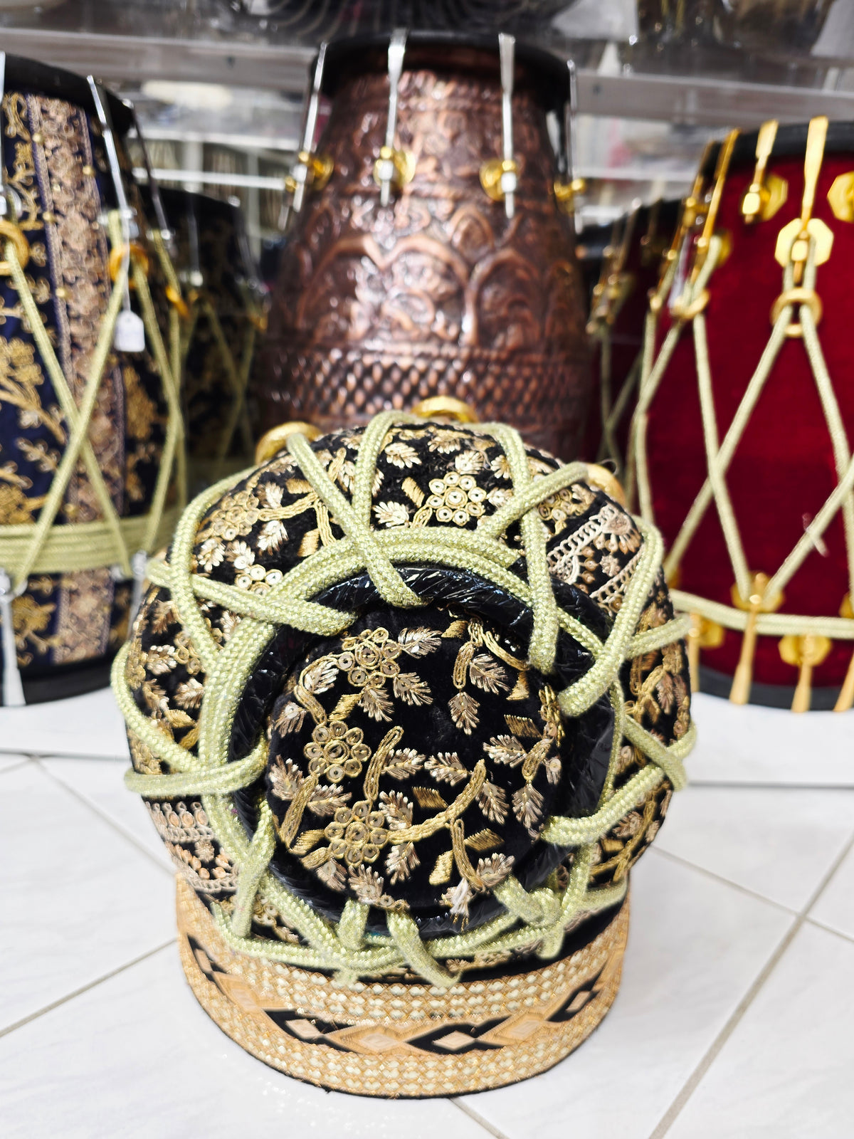 Royal Taal Black & Gold Sherwani Wrapped Red Sheesham Half Dholak – Pure Brass Bolts, Black Thin Rimmed Skin