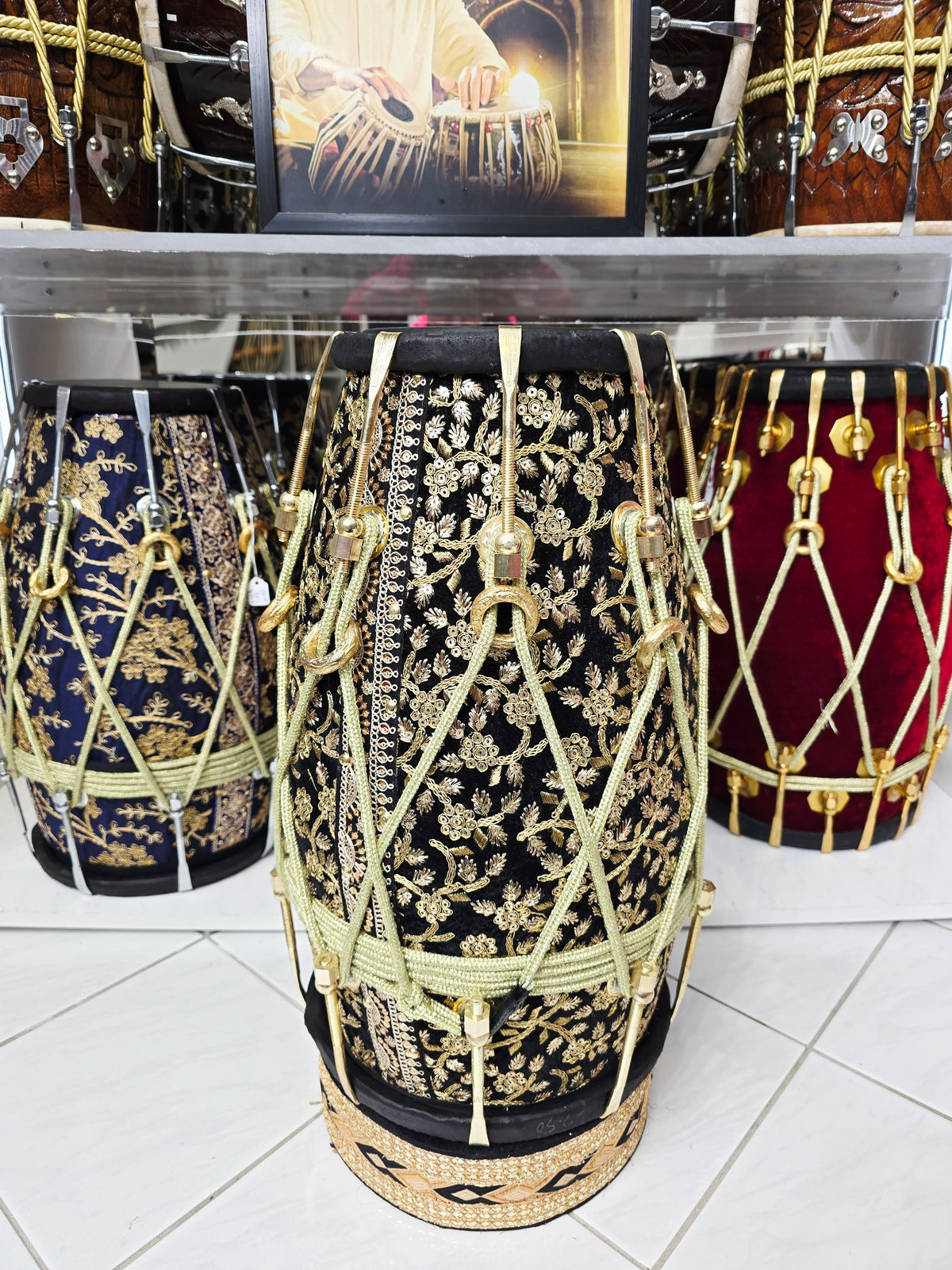 Zarif Noor — Black Sherwani-Wrapped Red Sheesham Dholak · Gold Roping · Traditional Tuning · Minor Cosmetic Defect on Bass Skin