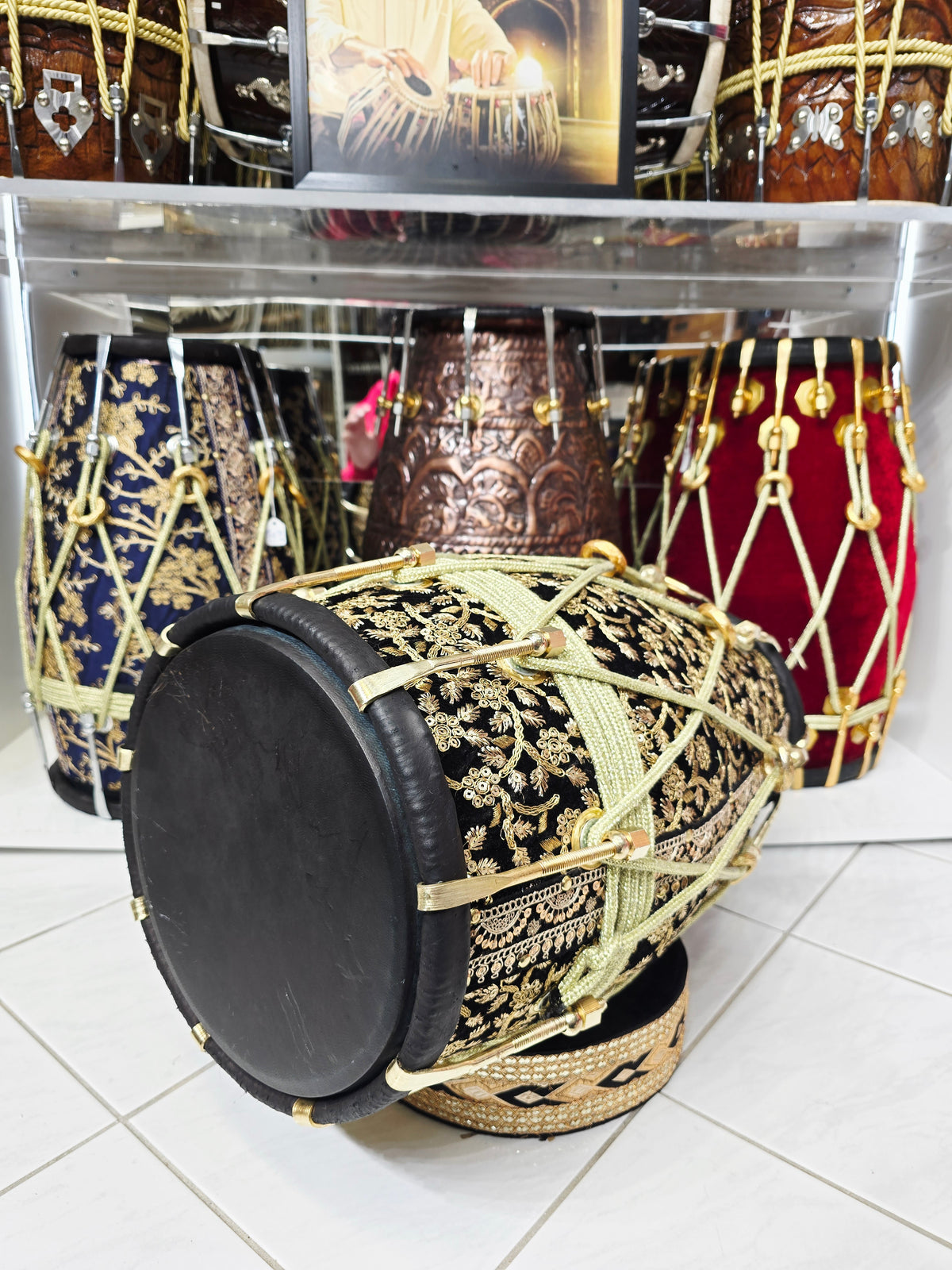 Zarif Noor — Black Sherwani-Wrapped Red Sheesham Dholak · Gold Roping · Traditional Tuning · Minor Cosmetic Defect on Bass Skin