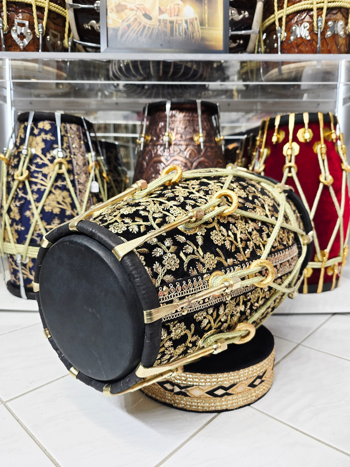Zarif Noor — Black Sherwani-Wrapped Red Sheesham Dholak · Gold Roping · Traditional Tuning · Minor Cosmetic Defect on Bass Skin