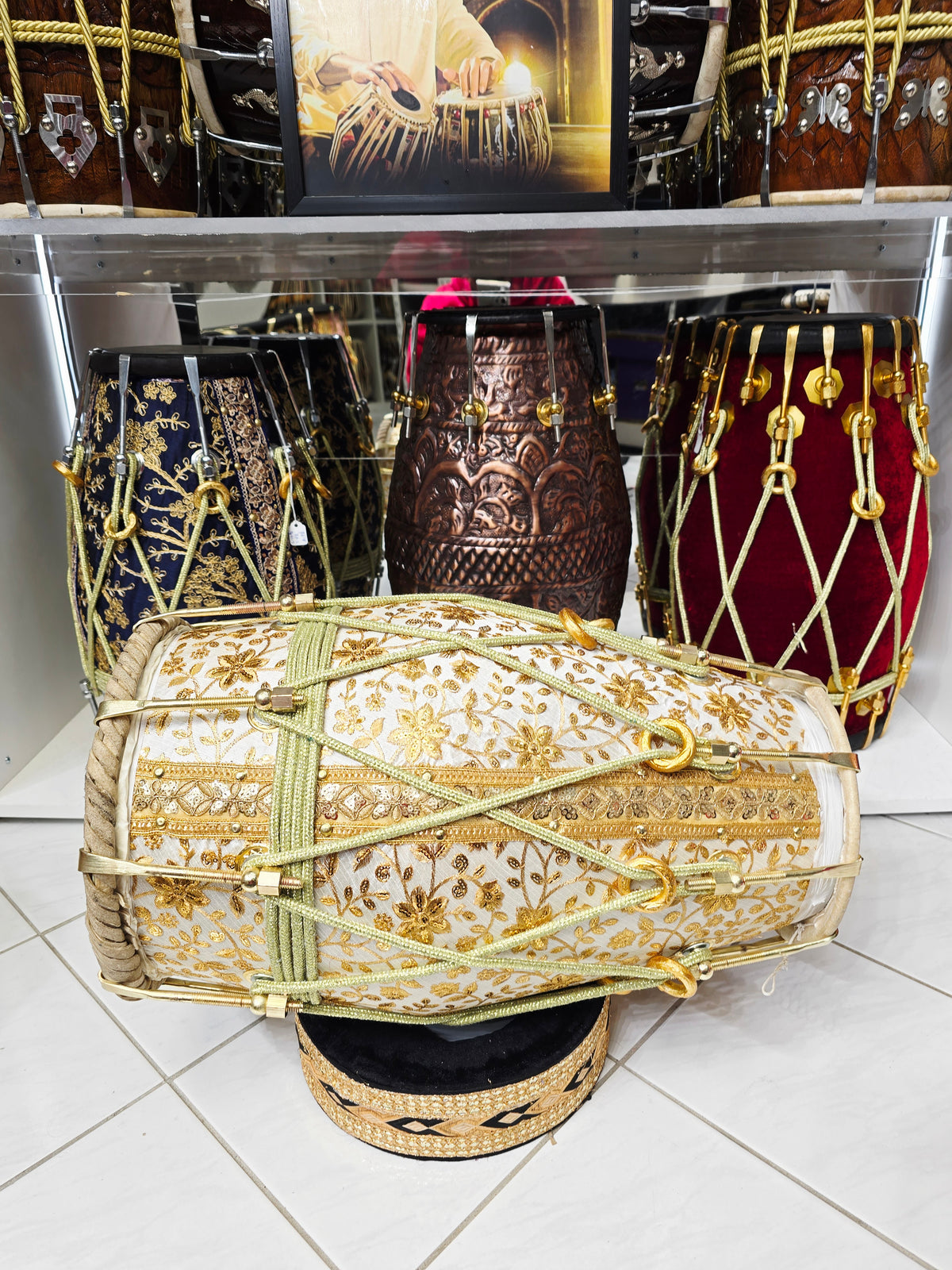 Aurelian Noor — Gold & White Sherwani-Wrapped Red Sheesham Dholak · Gold Roping *Exceptional Tone + Devin's Personal Dholak*
