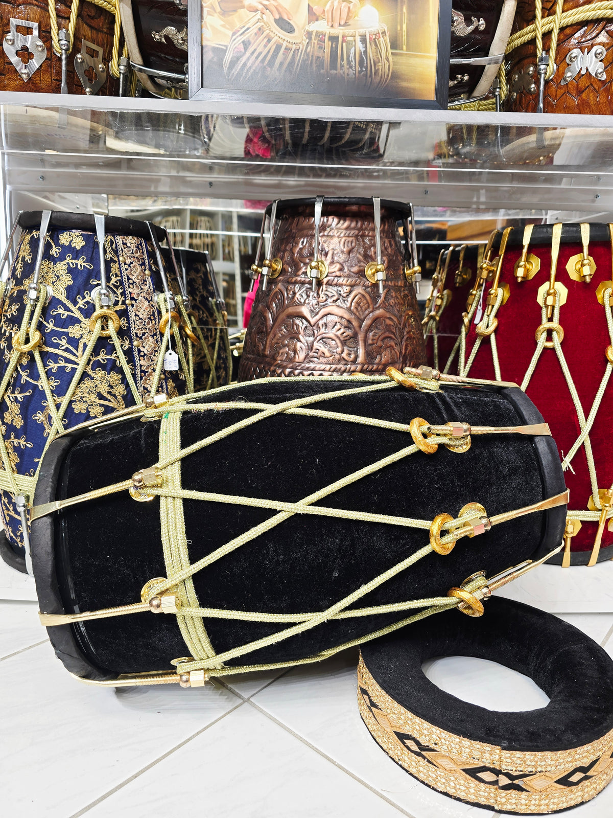 Midnight Rasaform — Black Velvet Sherwani Red Sheesham Dholak · Gold Rope Lacing *Exceptional Old School Bollywood Tone