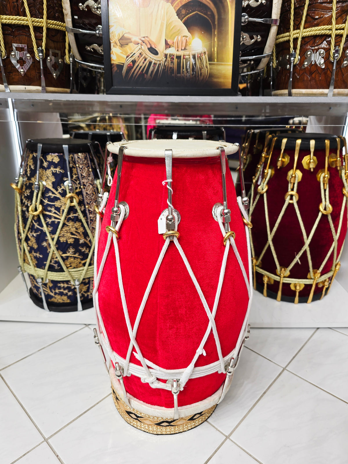 Scarlet Axis — 19.25" Mango Wood Red Velvet Dholak