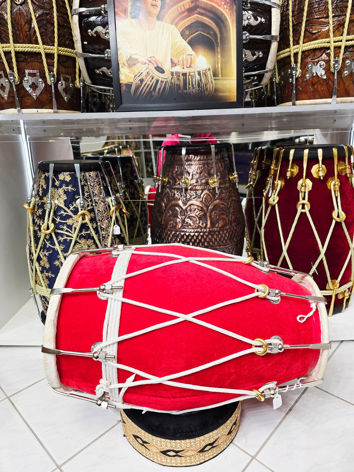 Scarlet Axis — 19.25" Mango Wood Red Velvet Dholak