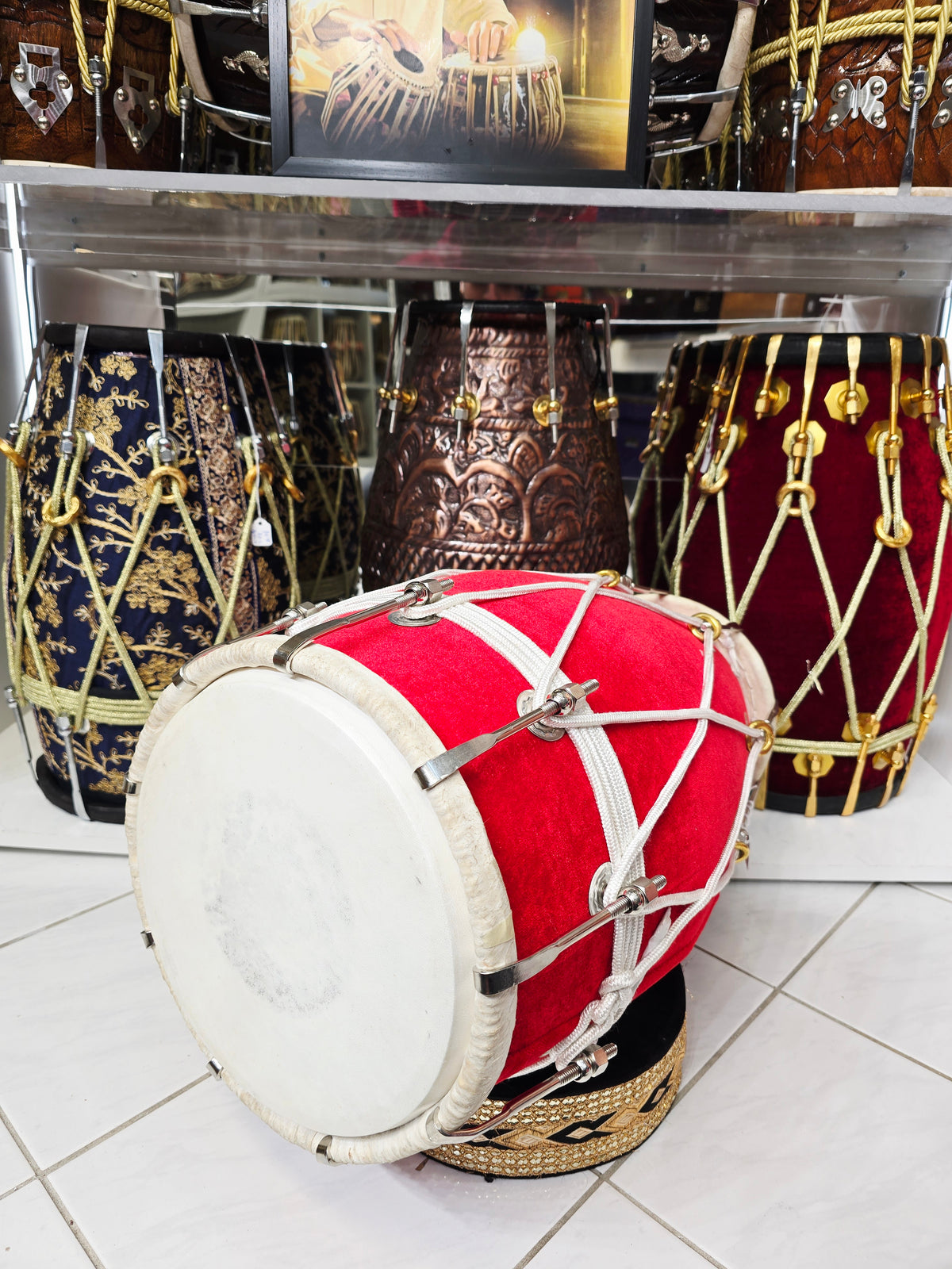 Scarlet Axis — 19.25" Mango Wood Red Velvet Dholak