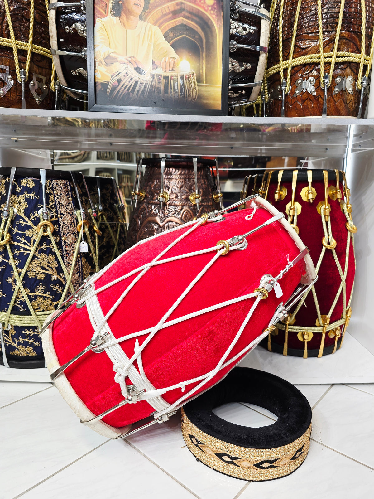 Scarlet Axis — 19.25" Mango Wood Red Velvet Dholak