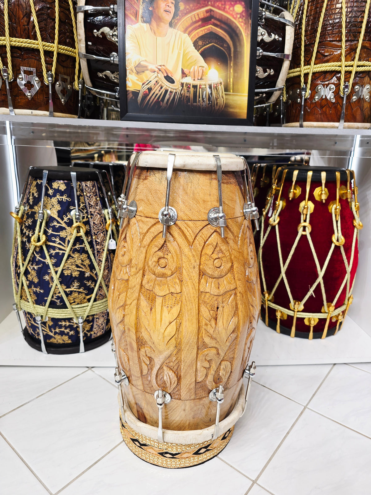 Aaroh Crest — Hand-Carved Red Sheesham Concert Dholak *Very Minor Gloss Finish Blemishes