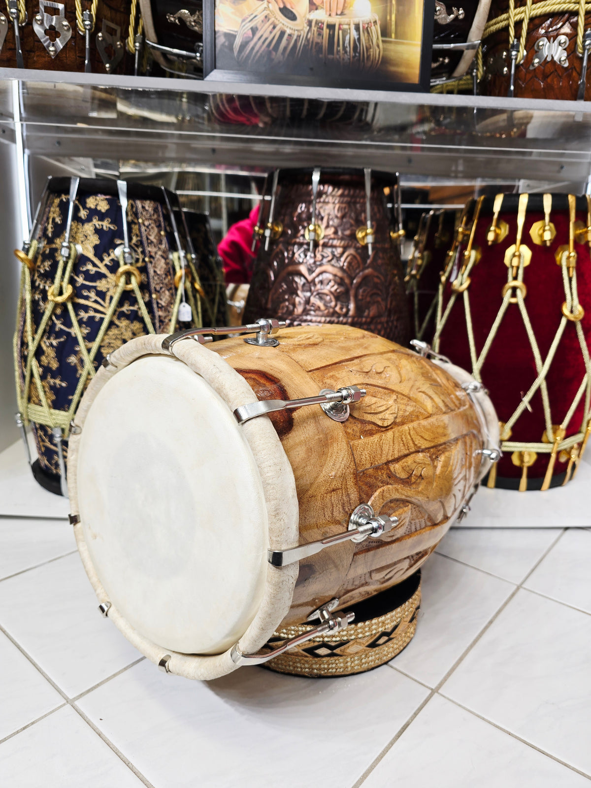Aaroh Crest — Hand-Carved Red Sheesham Concert Dholak *Very Minor Gloss Finish Blemishes