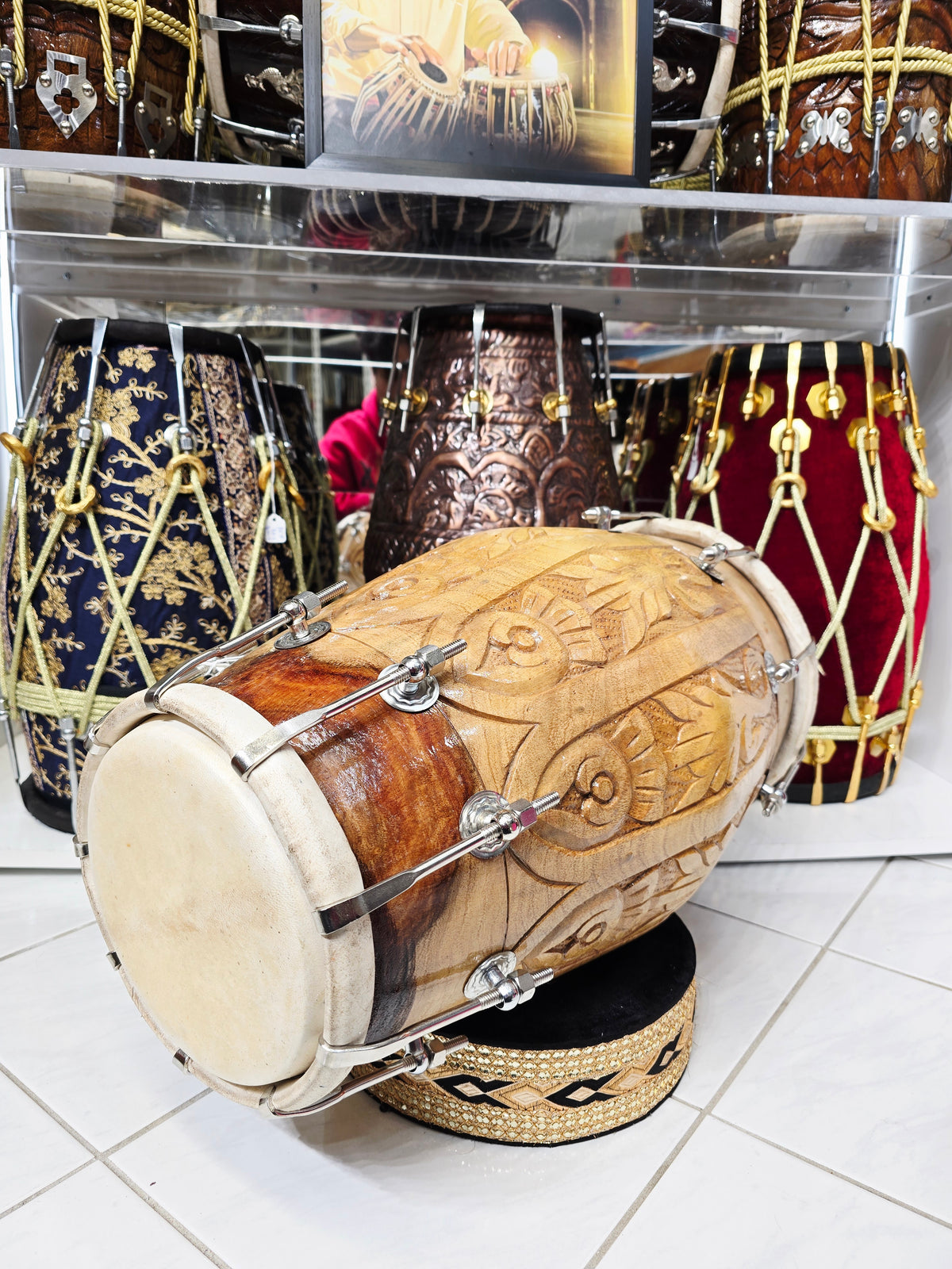 Aaroh Crest — Hand-Carved Red Sheesham Concert Dholak *Very Minor Gloss Finish Blemishes