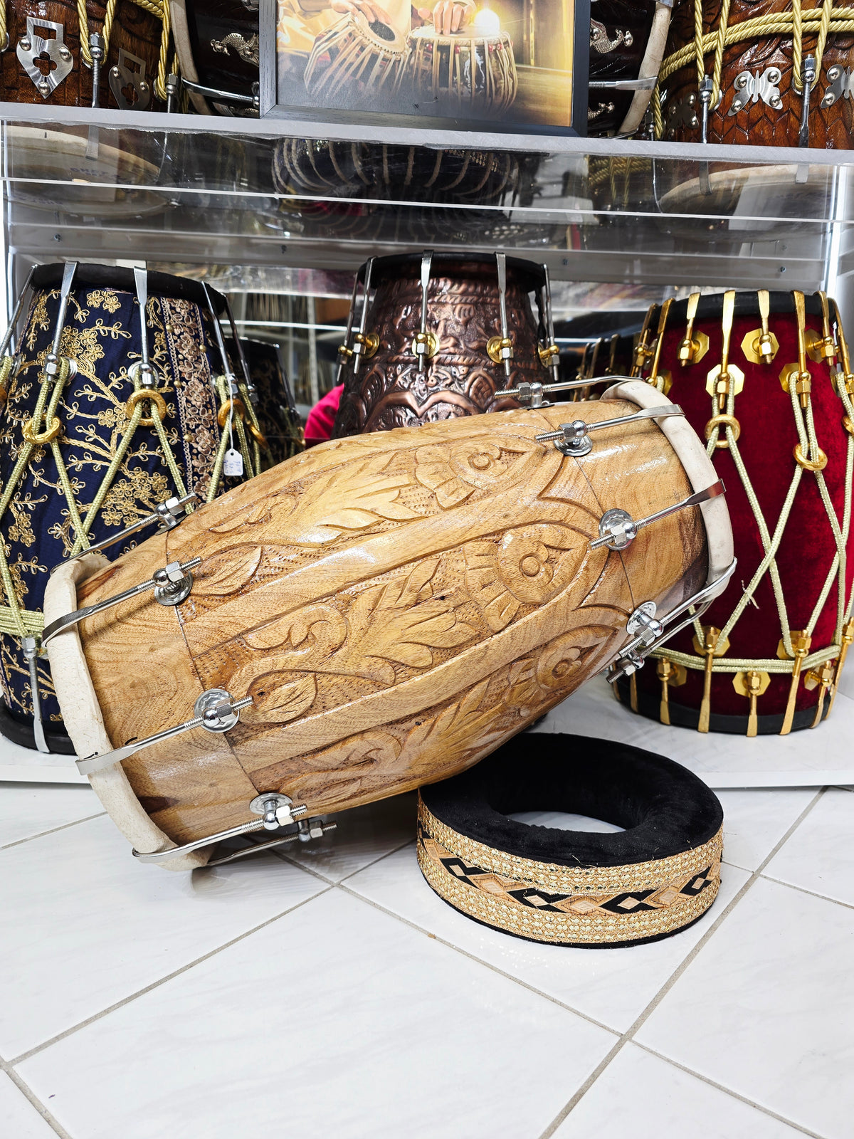 Aaroh Crest — Hand-Carved Red Sheesham Concert Dholak *Very Minor Gloss Finish Blemishes