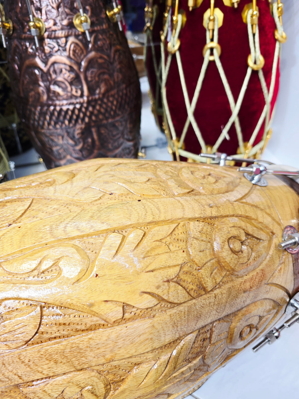 Aaroh Crest — Hand-Carved Red Sheesham Concert Dholak *Very Minor Gloss Finish Blemishes